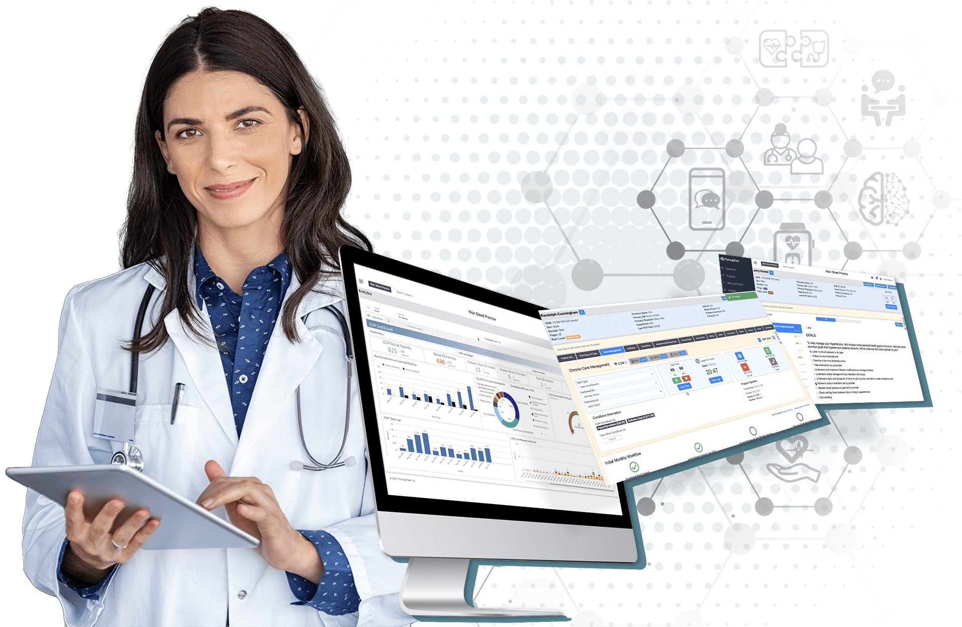 A clinician holds a tablet standing beside graphics showing ThoroughCare screenshots.