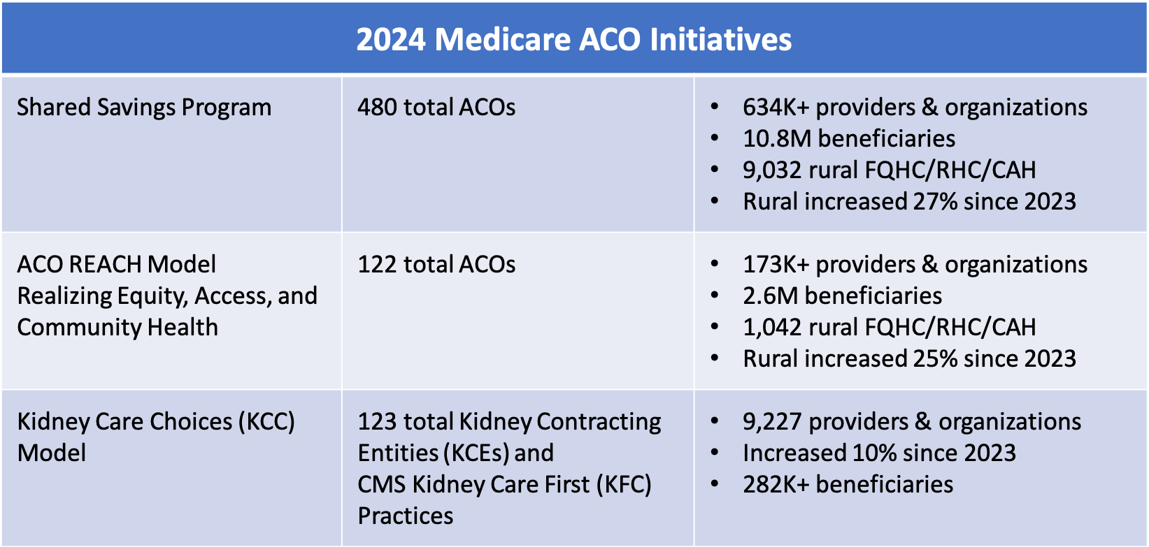 A table displaying 2024 Medicare ACO initiatives