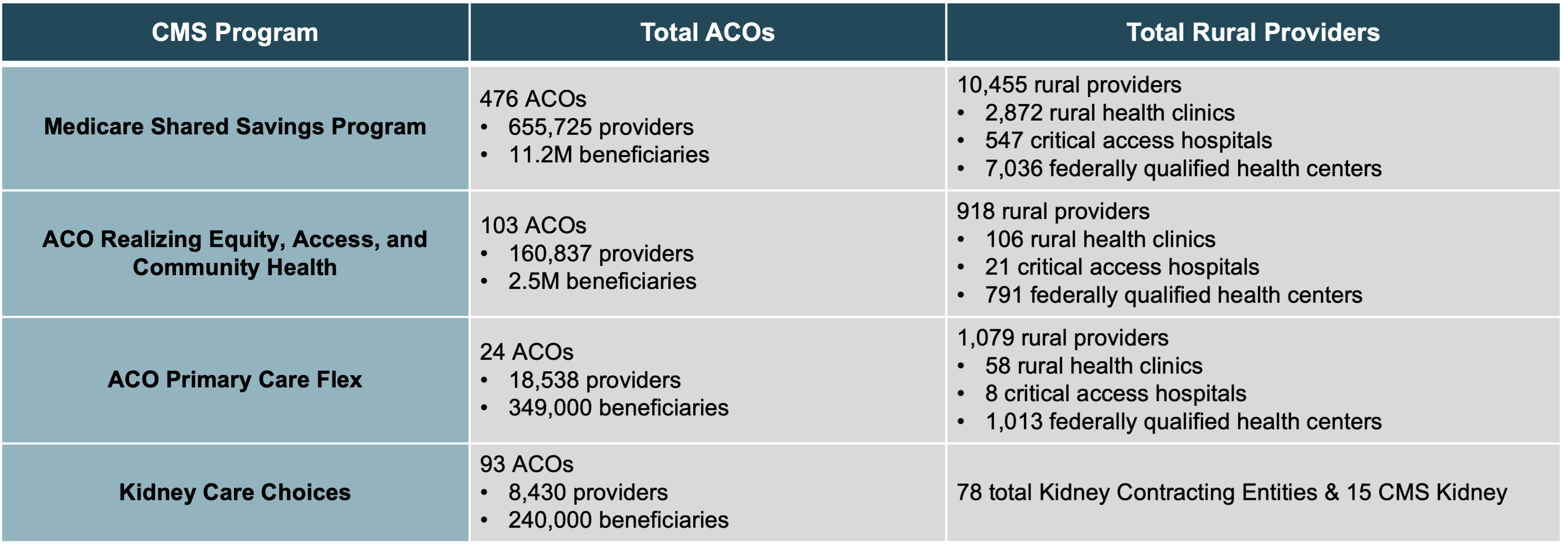 Total number of ACOs in 2025 versus the total number of rural providers.